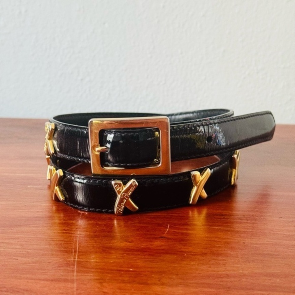 Vintage Paloma Picasso Signature Black Patent Leather Belt with X Gold Accents